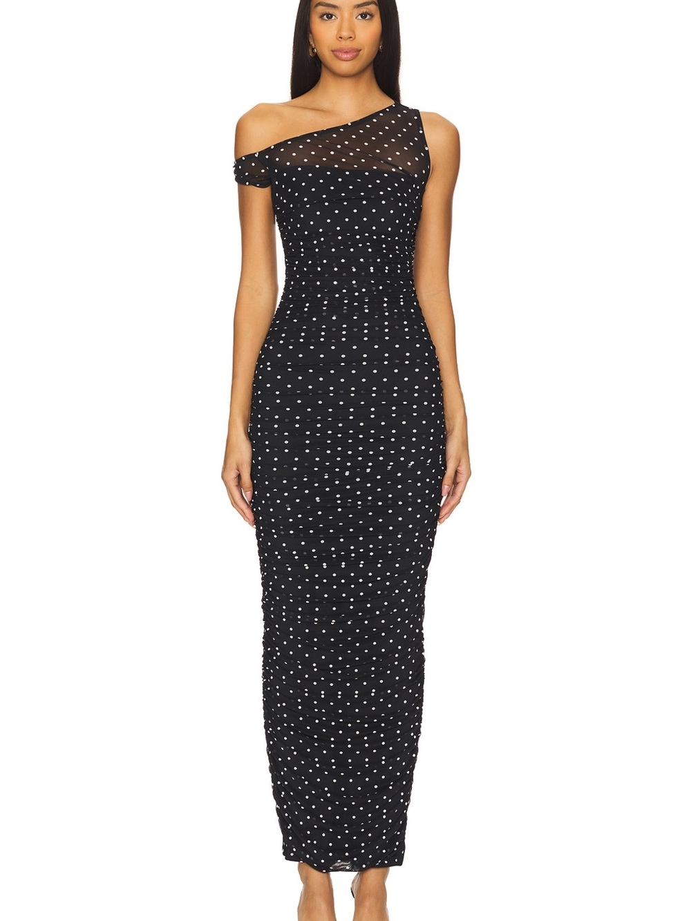 AFRM Black Polka Dot One-Shoulder Maxi Dress
